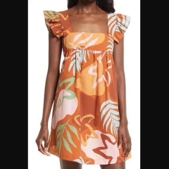 Open Edit Burnt Orange Multicolor Tropical Vacation Dress Medium seersucker - Picture 1 of 14